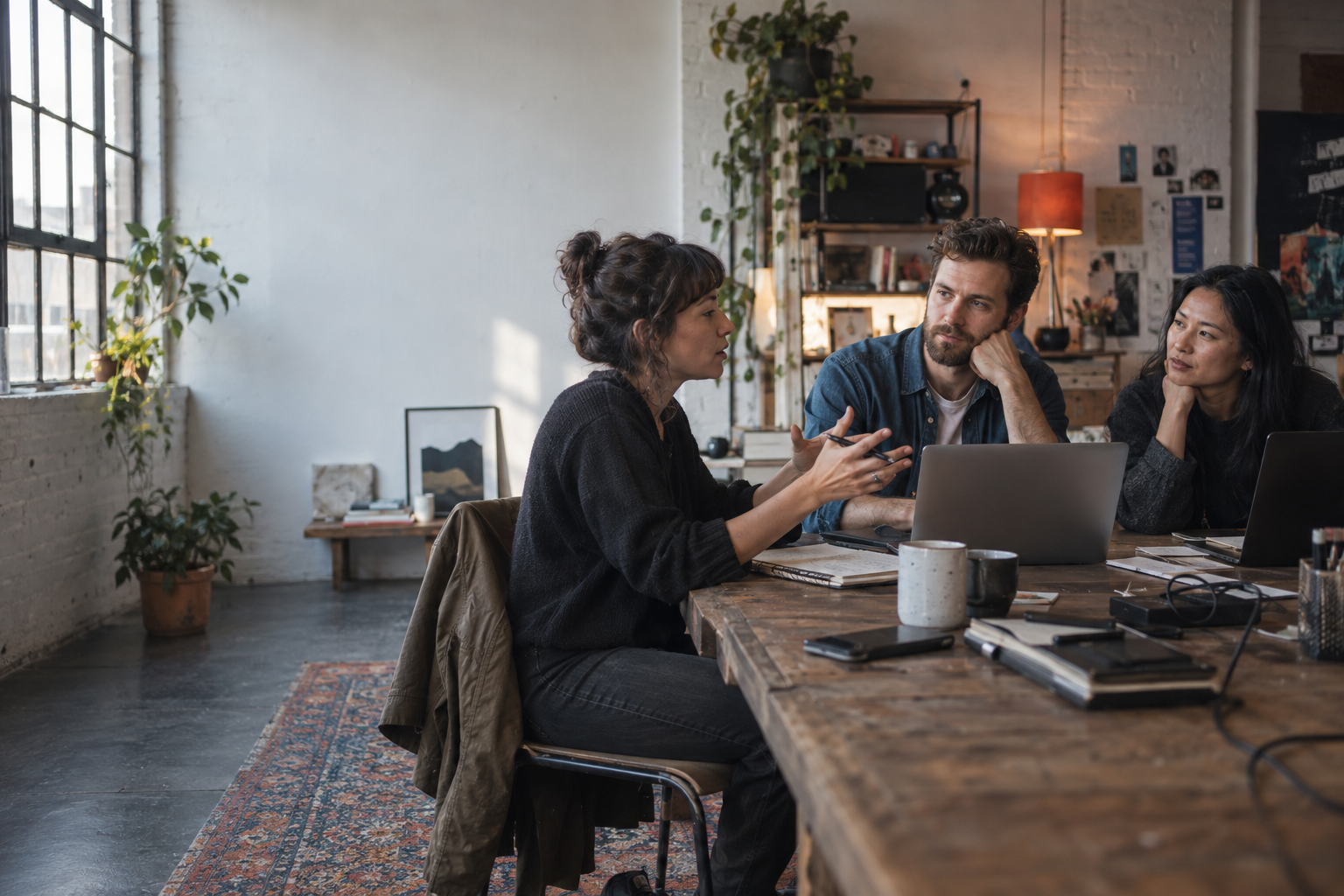Three software professionals collaborating in a bright creative studio